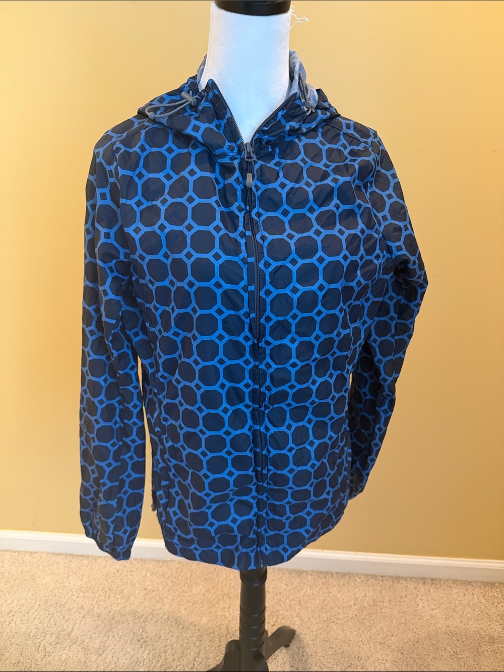 Lands End Blue Geometric Hooded Windbreaker Jacket - Woman’s
